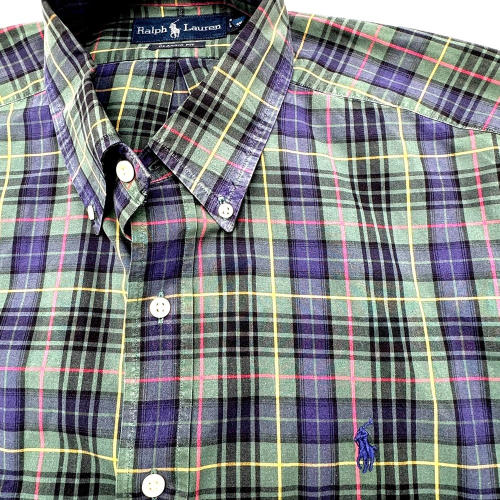 RALPH LAUREN Men's XL Classic Fit Long Sleeve Blue Green Plaid Button Down Shirt